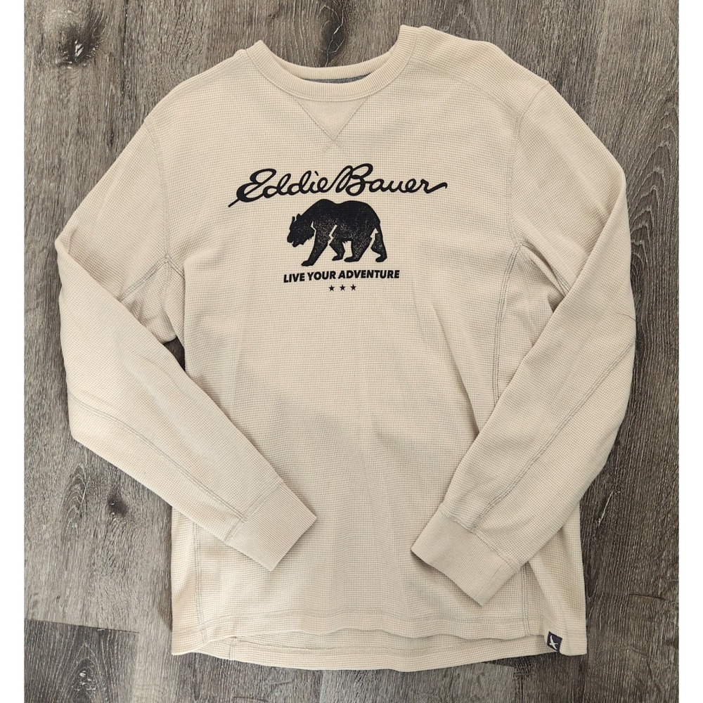 Eddie Bauer Mens Cream Waffle Knit Thermal Bear Graphic Long Sleeve Shirt Medium